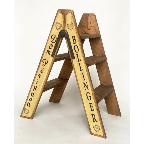 110 - CHAMPAGNE STEPS, hinged A-frame, four tread with champagne house insignia, 80cm H x 44cm D x 69cm W.