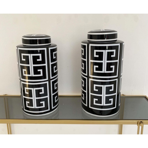 432 - GINGER JARS, a pair, 40cm high, 20cm diameter, glazed ceramic, art deco style design print. (2)