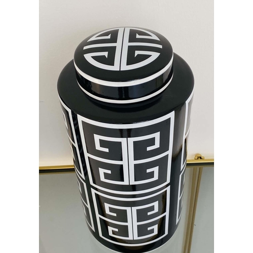 432 - GINGER JARS, a pair, 40cm high, 20cm diameter, glazed ceramic, art deco style design print. (2)