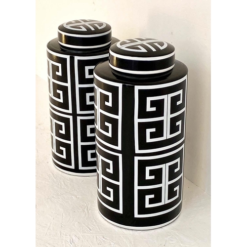 432 - GINGER JARS, a pair, 40cm high, 20cm diameter, glazed ceramic, art deco style design print. (2)