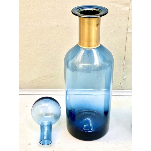 437 - DECANTERS, a pair, 52cm H x 15cm diam., Murano style blue glass, gilt metal collars. (2)