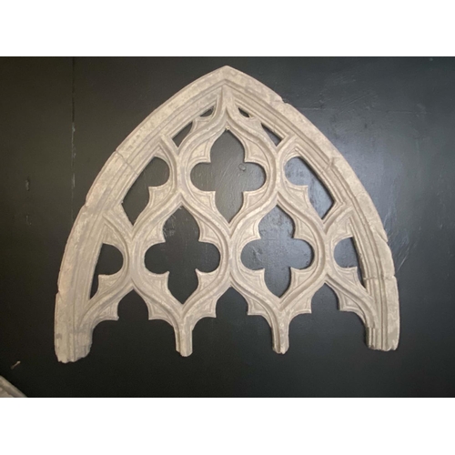 440 - ARCITECTURAL GOTHIC STYLE ARCH WALL RELIEFS, a pair, 80cm H x 68cm, faux stone. (2)