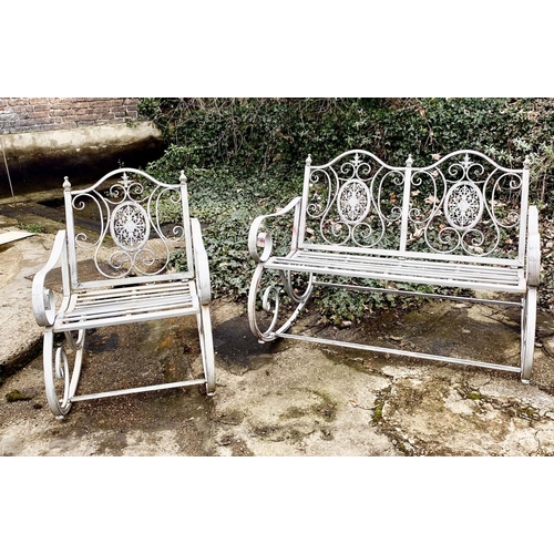 443 - GARDEN LOUNGE SET, including rocking chair and bench, grey painted metal, bench 88cm H x 120cm x 90c... 