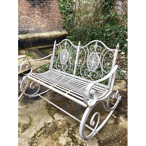 443 - GARDEN LOUNGE SET, including rocking chair and bench, grey painted metal, bench 88cm H x 120cm x 90c... 