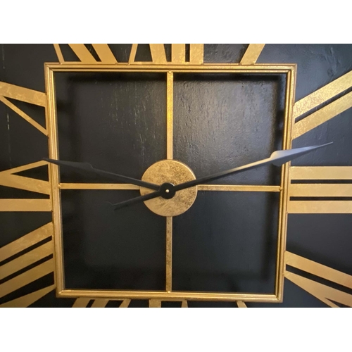 444 - WALL CLOCK, 110cm W, square form, gilt metal.