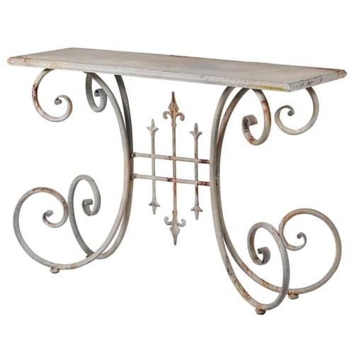 445 - CONSOLE TABLE, 75cm H x 110cm x 35cm, French provincial style, aged painted metal.