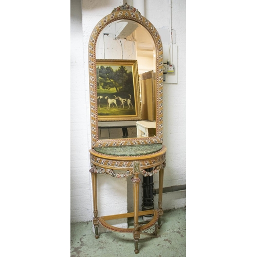 132 - PIER MIRROR AND TABLE, 210cm H x 70cm W x 40cm D, Louis XVI style polychrome decorated with green ma... 