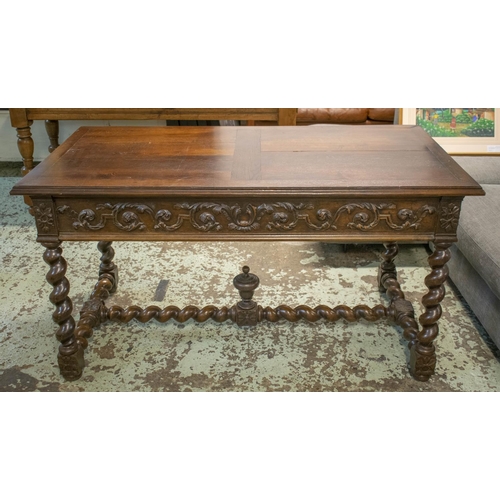 131 - WRITING TABLE, 73cm H x 134cm W x 73cm D, late 19th/early 20th century French oak with two drawers.