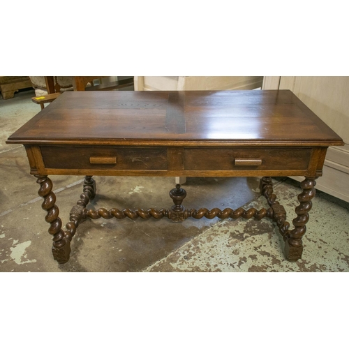 131 - WRITING TABLE, 73cm H x 134cm W x 73cm D, late 19th/early 20th century French oak with two drawers.