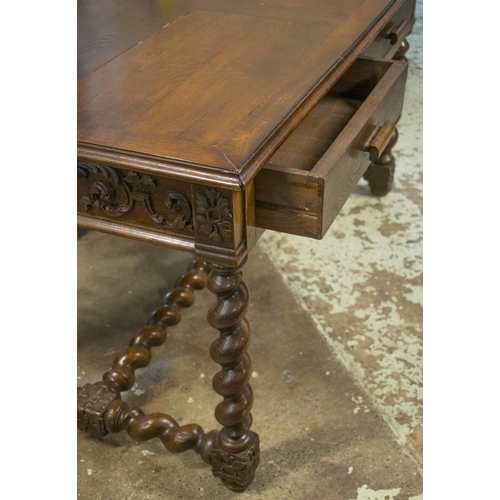 131 - WRITING TABLE, 73cm H x 134cm W x 73cm D, late 19th/early 20th century French oak with two drawers.