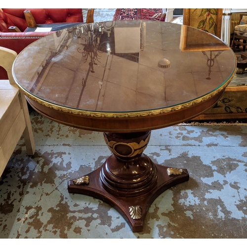 130 - CENTRE TABLE, 91cm x 75cm H, mahogany with gilt mounts.