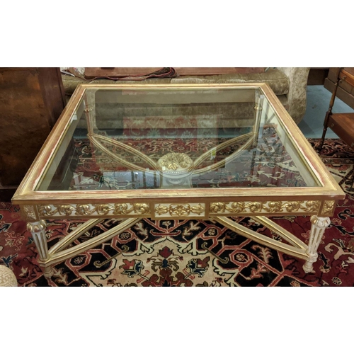 126 - COFFEE TABLE, 120cm x 120cm x 47cm H, the glass top on a cream and gilt base.