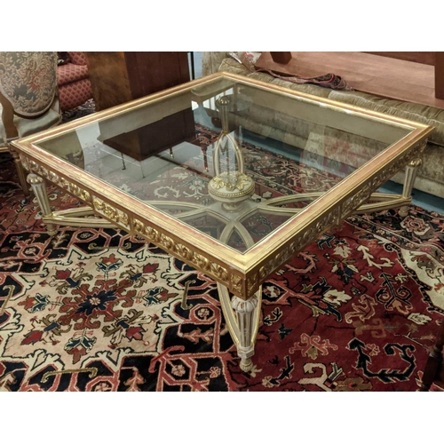 126 - COFFEE TABLE, 120cm x 120cm x 47cm H, the glass top on a cream and gilt base.