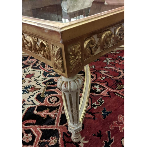 126 - COFFEE TABLE, 120cm x 120cm x 47cm H, the glass top on a cream and gilt base.