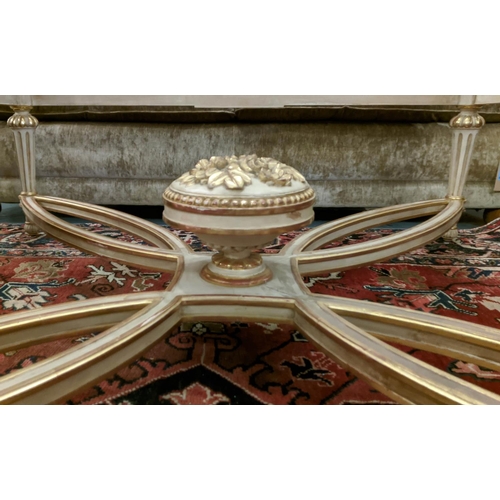 126 - COFFEE TABLE, 120cm x 120cm x 47cm H, the glass top on a cream and gilt base.