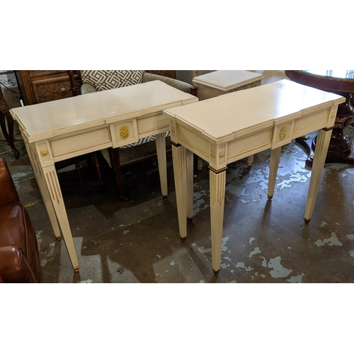 129 - CONSOLE TABLES, a pair, each 40cm x 80cm x 81cm H, one cream and lime painted, the other cream and p... 