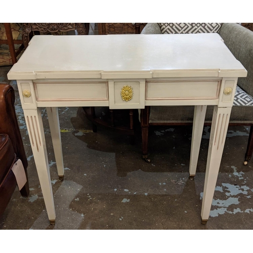 129 - CONSOLE TABLES, a pair, each 40cm x 80cm x 81cm H, one cream and lime painted, the other cream and p... 