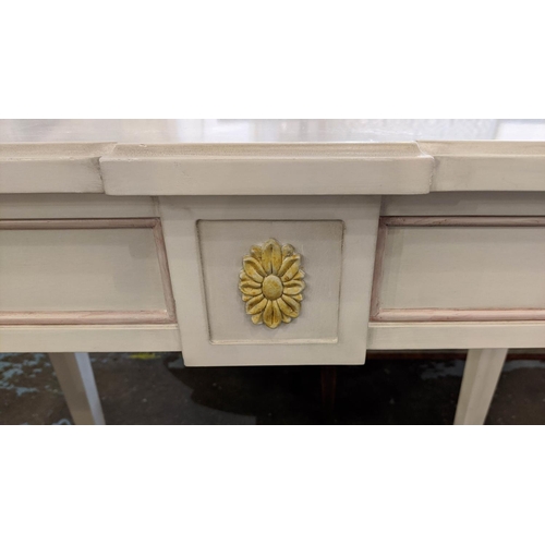 129 - CONSOLE TABLES, a pair, each 40cm x 80cm x 81cm H, one cream and lime painted, the other cream and p... 