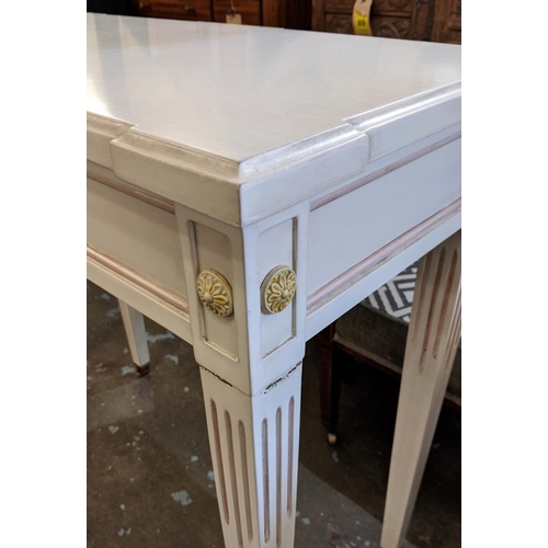 129 - CONSOLE TABLES, a pair, each 40cm x 80cm x 81cm H, one cream and lime painted, the other cream and p... 