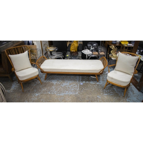 125 - ATTRIBUTED TO ERCOL LOUNGE SET, vintage mid 20th century beechwood and boucle upholstered comprising... 