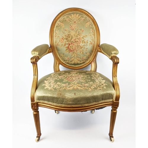 122 - FAUTEUIL, 19th century French, giltwood frame, silk embroidered floral patterned upholstery padded a... 