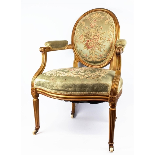 122 - FAUTEUIL, 19th century French, giltwood frame, silk embroidered floral patterned upholstery padded a... 