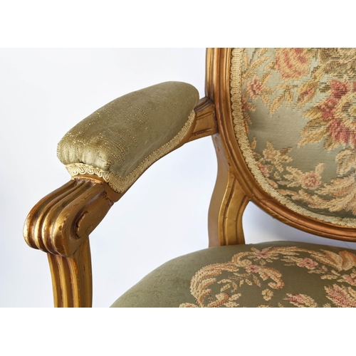 122 - FAUTEUIL, 19th century French, giltwood frame, silk embroidered floral patterned upholstery padded a... 