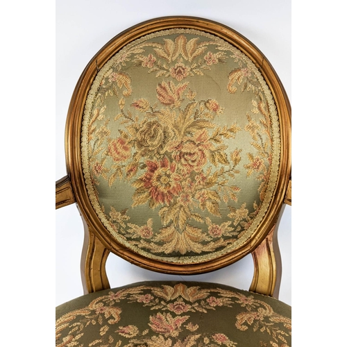 122 - FAUTEUIL, 19th century French, giltwood frame, silk embroidered floral patterned upholstery padded a... 