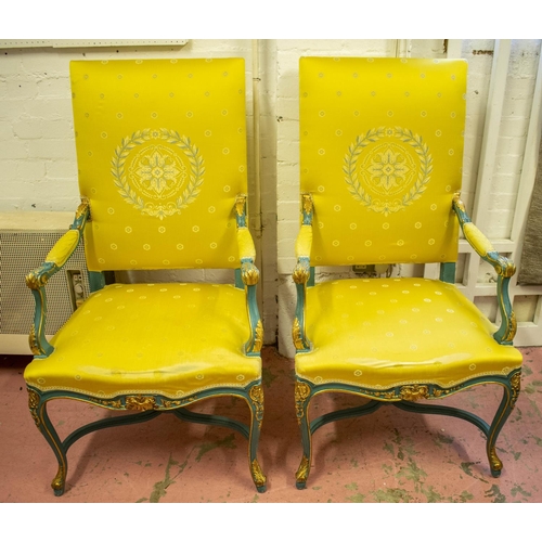 119 - FAUTEUILS, 122cm H x 66cm W, a pair, Régence style, blue painted and gilt heightened in yellow wreat... 