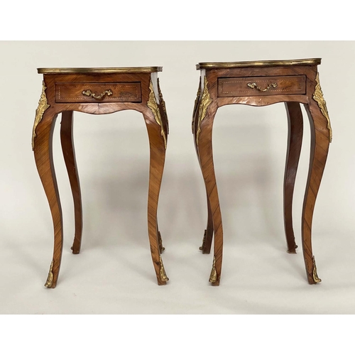 121 - LAMP TABLES, a pair, French transitional style burr yewwood panelled tulipwood crossbanded and gilt ... 