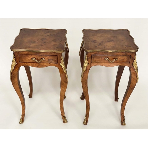 121 - LAMP TABLES, a pair, French transitional style burr yewwood panelled tulipwood crossbanded and gilt ... 