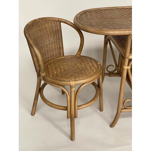 155 - TERRACE SET, bamboo and rattan framed, wicker panelled and cane bound with rounded rectangular table... 