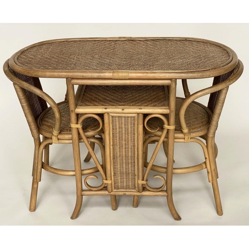 155 - TERRACE SET, bamboo and rattan framed, wicker panelled and cane bound with rounded rectangular table... 