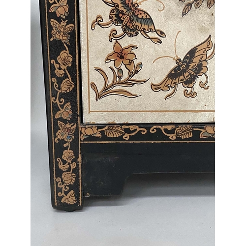 156 - CHINESE CABINETS, a pair, lacquered and gilt Chinoiserie decorated, each with drawer and pair of doo... 