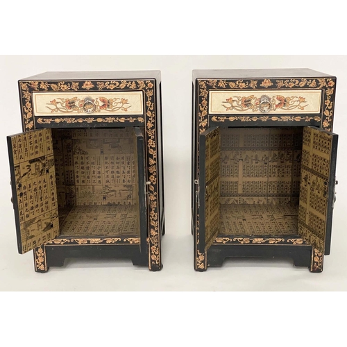 156 - CHINESE CABINETS, a pair, lacquered and gilt Chinoiserie decorated, each with drawer and pair of doo... 