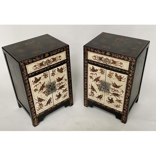 156 - CHINESE CABINETS, a pair, lacquered and gilt Chinoiserie decorated, each with drawer and pair of doo... 