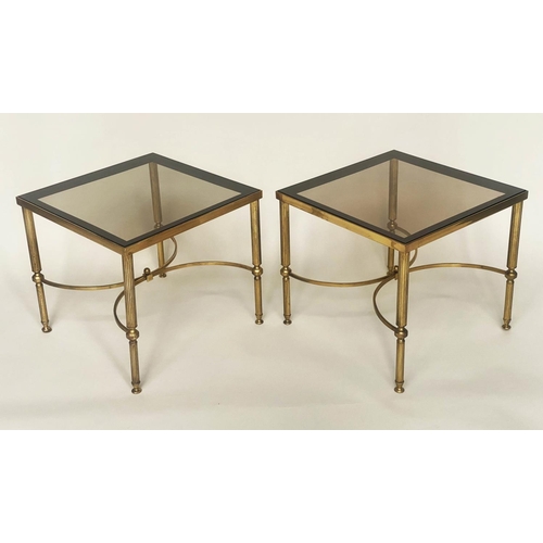 157 - LAMP TABLES, 1970s, a pair, 1970s Regency style gilt metal square with reeded supports, 46cm sq x 42... 