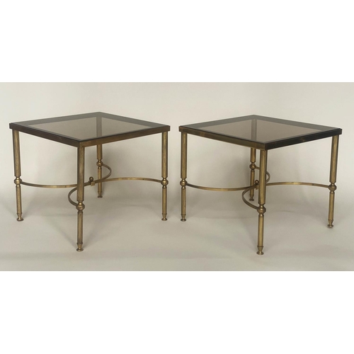 157 - LAMP TABLES, 1970s, a pair, 1970s Regency style gilt metal square with reeded supports, 46cm sq x 42... 