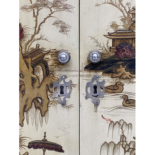 160 - CHINOISERIE CABINET, early 20th century parchment lacquered and gilt polychrome Chinoiserie decorate... 