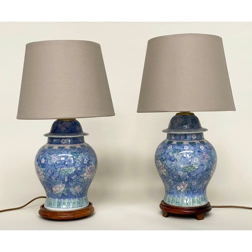 144 - TABLE LAMPS, a pair, blue and white Chinese ceramic of lidded ginger jar form with shades, 65cm H. (... 