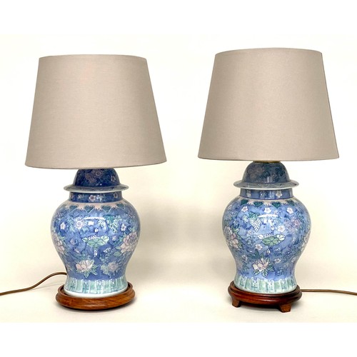 144 - TABLE LAMPS, a pair, blue and white Chinese ceramic of lidded ginger jar form with shades, 65cm H. (... 