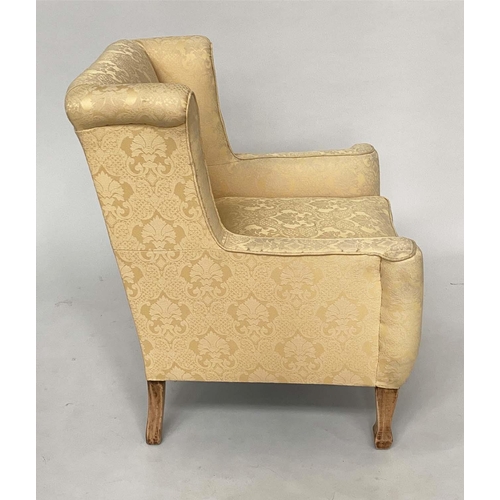 148 - WINGBACK ARMCHAIR, Edwardian piped yellow brocade upholstery and tapering supports, 72cm W.