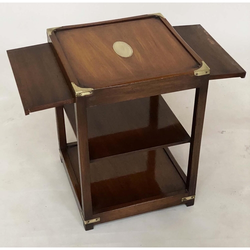 139 - LAMP TABLES, a pair, campaign style mahogany and brass bound each with brushing candle slides and un... 