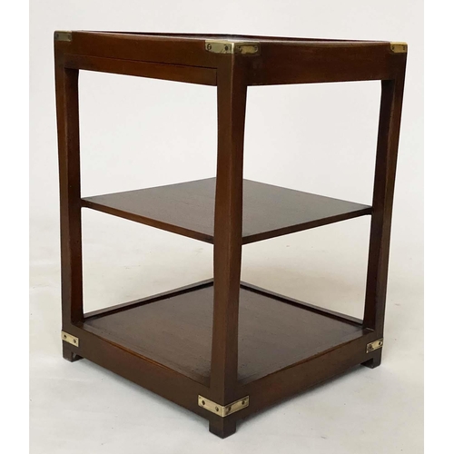 139 - LAMP TABLES, a pair, campaign style mahogany and brass bound each with brushing candle slides and un... 