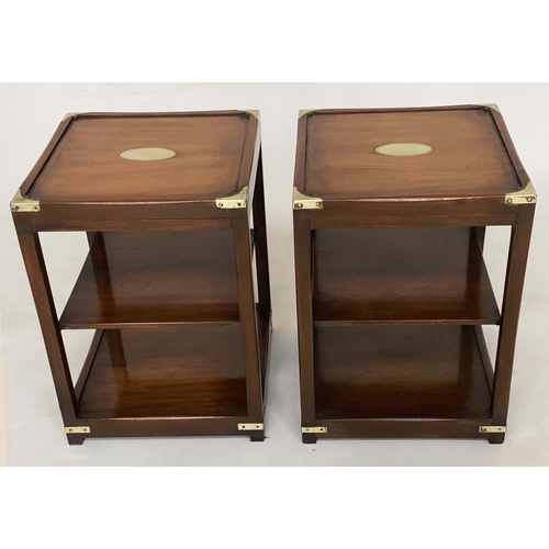 139 - LAMP TABLES, a pair, campaign style mahogany and brass bound each with brushing candle slides and un... 