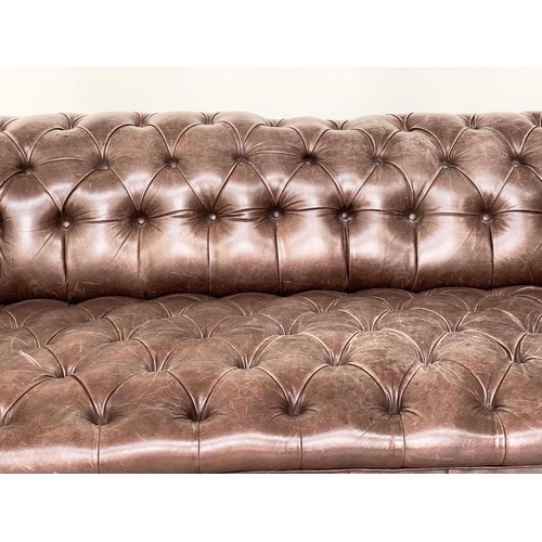 142 - CHESTERFIELD SOFA, 19th century style studded grey brown hide leather with all over deep buttoning, ... 