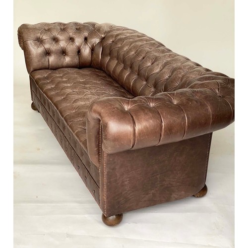 142 - CHESTERFIELD SOFA, 19th century style studded grey brown hide leather with all over deep buttoning, ... 