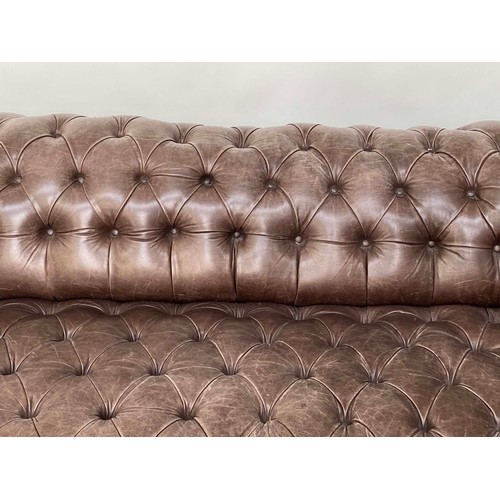 142 - CHESTERFIELD SOFA, 19th century style studded grey brown hide leather with all over deep buttoning, ... 