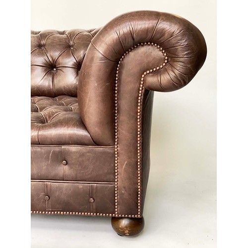 142 - CHESTERFIELD SOFA, 19th century style studded grey brown hide leather with all over deep buttoning, ... 