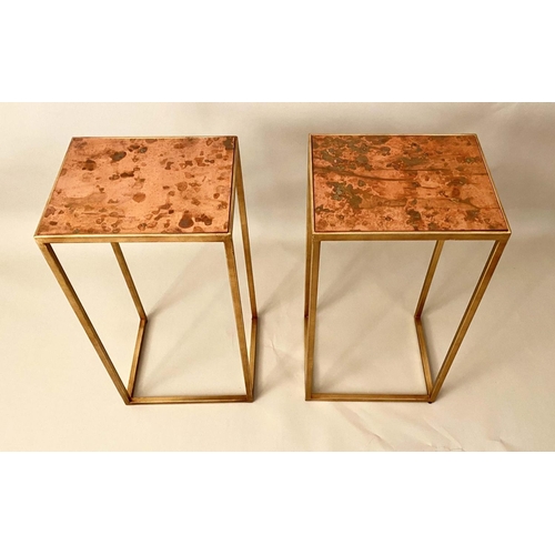 389 - SIDE TABLES, a pair, 1970s Italian style, 57cm high, 30cm wide, 25cm deep, coppered tops and gilt me... 